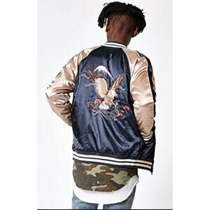 Pac Sun blue and tan embroidered eagle satin bomber jacket Size medium Y2K